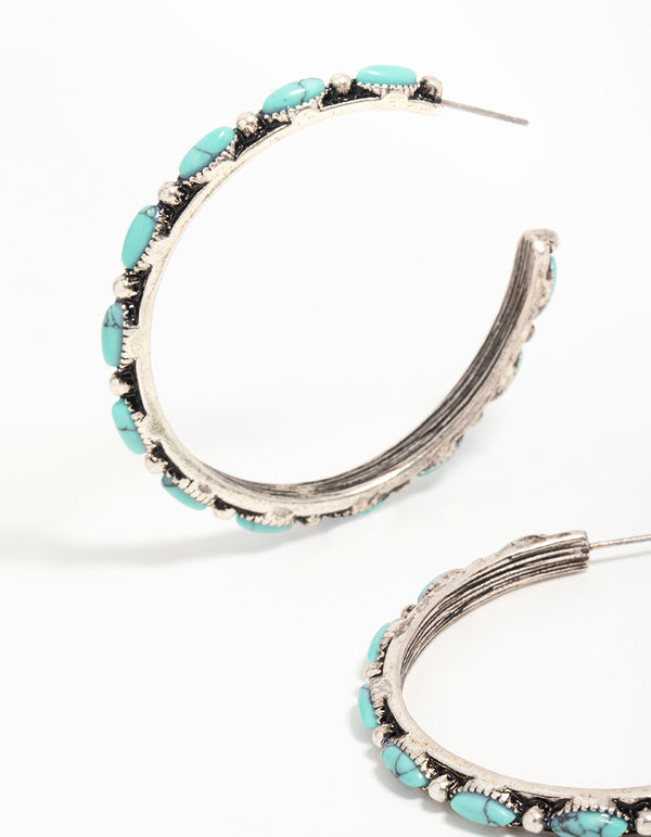 Antique Silver Turquoise Large Hoop Earrings