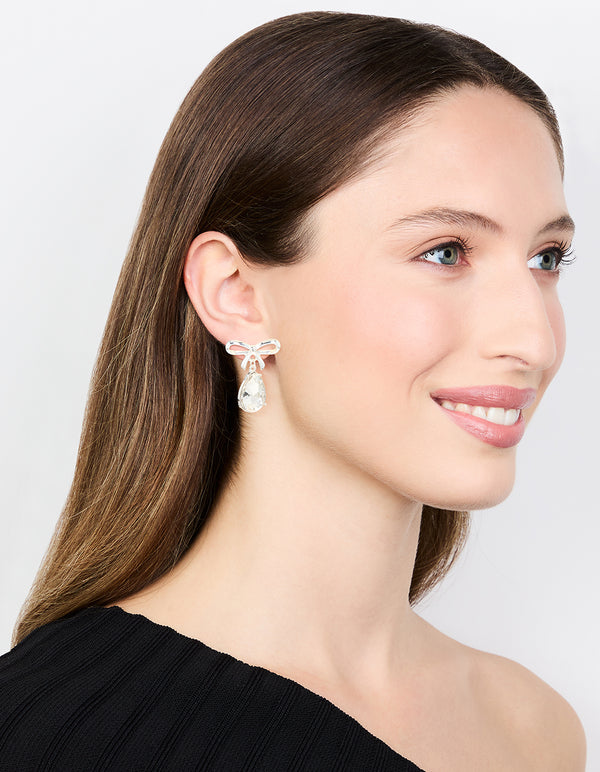 Silver Diamante Bow Drop Earrings