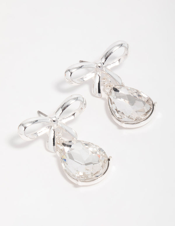 Silver Diamante Bow Drop Earrings