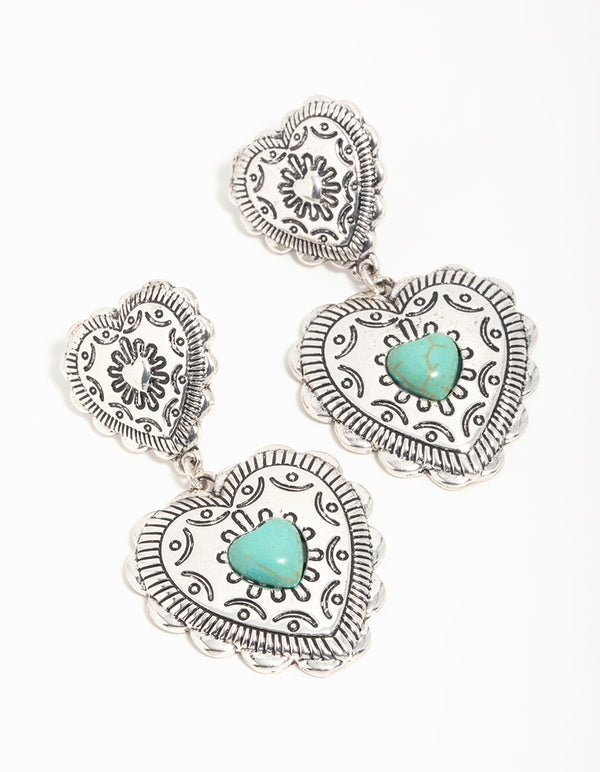 Antique Silver Turquoise Double Heart Drop Earrings