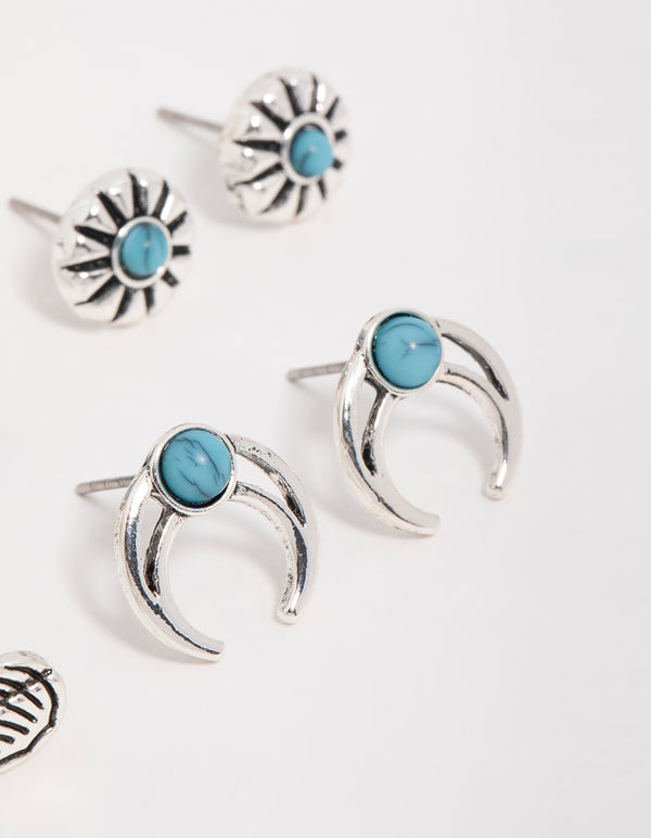 Antique Silver Turquoise Stone Stud Earrings 5-Pack