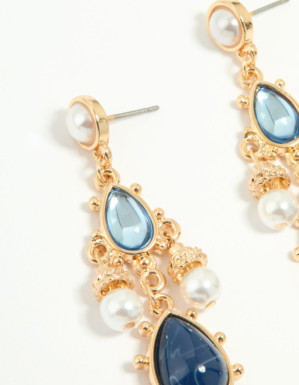 Gold Pearl Blue Diamante Teardrop Drop Earrings