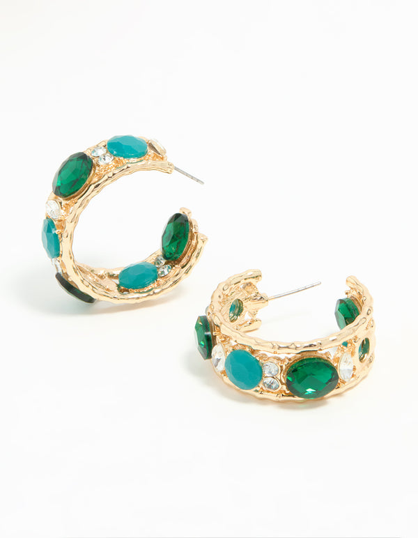Gold Blue & Green Stone Hoop Earrings