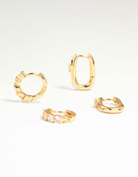 Gold Plated Brass Cubic Zirconia & Oval Huggie Earrings 2-Pack - link has visual effect only