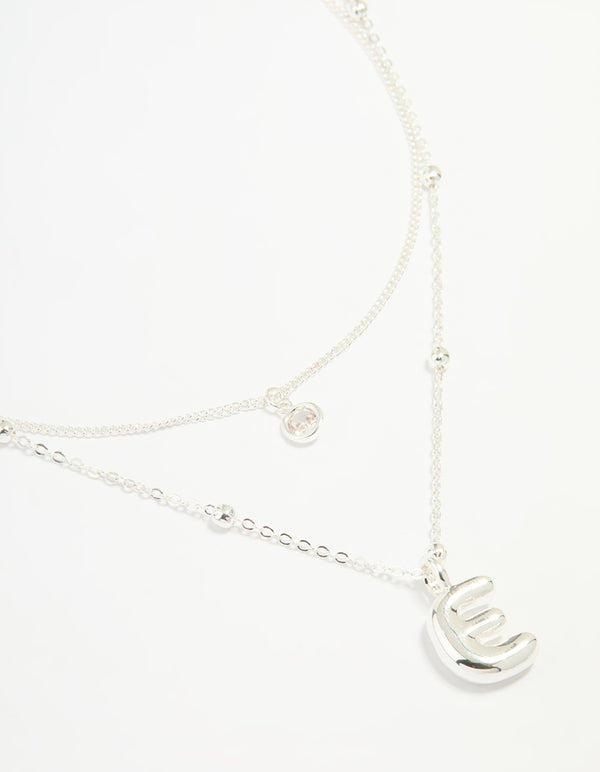 Silver Plated Cubic Zirconia & Bubble Letter E Layered Necklace