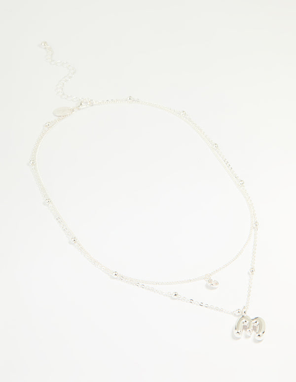 Silver Plated Cubic Zirconia & Bubble Letter M Layered Necklace