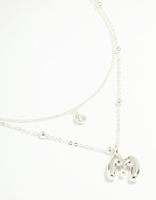 Silver Plated Cubic Zirconia & Bubble Letter M Layered Necklace
