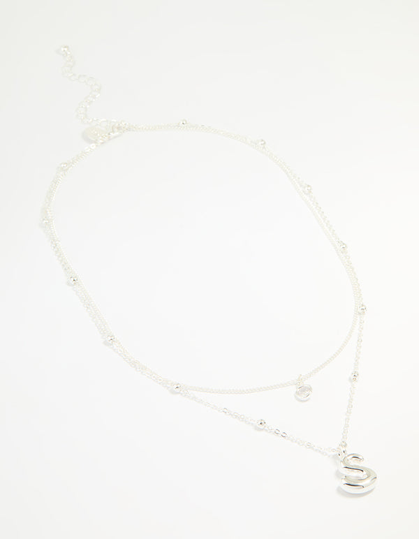 Silver Plated Cubic Zirconia & Bubble Letter L Layered Necklace