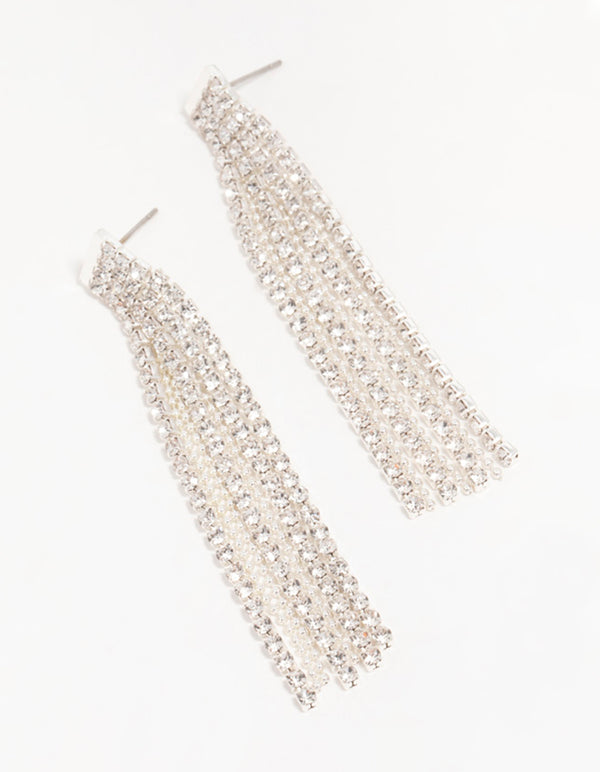 Silver Diamante Chain Tassel Drop Earrings