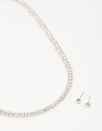 Silver Diamante Tennis Necklace & Earrings Set - link has visual effect only