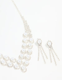 Silver Pearl Diamante Halo Vine Necklace & Earrings Set - link has visual effect only