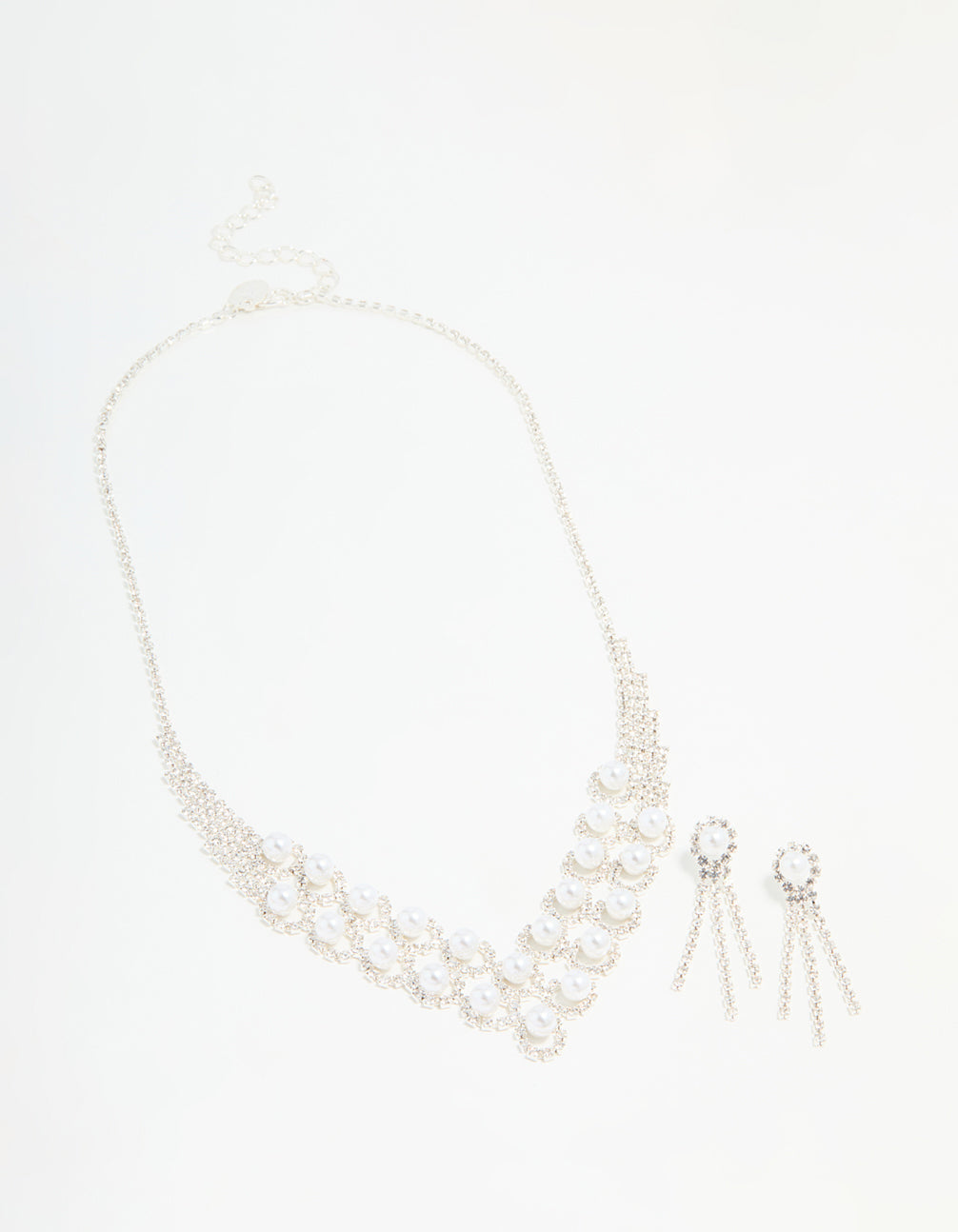 Silver Pearl Diamante Halo Vine Necklace & Earrings Set