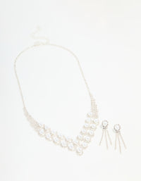 Silver Pearl Diamante Halo Vine Necklace & Earrings Set - link has visual effect only