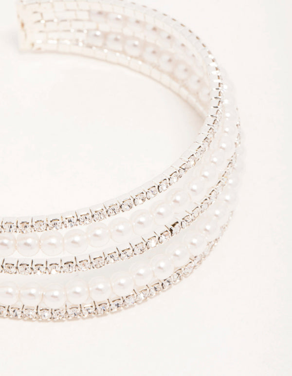 Silver Diamante & Pearl Alternating Cupchain Wrist Cuff