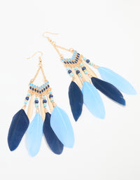 Gold Blue Feather Tassel Drop Earrings - link has visual effect only