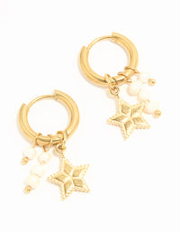Waterproof Gold Plated Stainless Steel Pearl Star Huggie Earrings - link has visual effect only