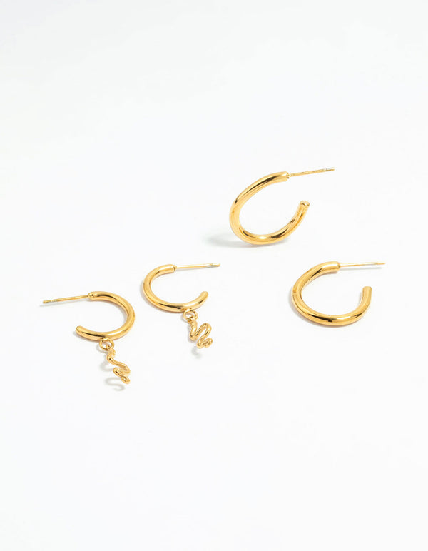Waterproof Gold Plated Stainless Steel Sleek & Snake Charm Hoop Earrings 2-Pack