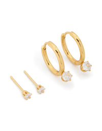 Discover the elegance of dainty waterproof gold plated cubic zirconia stainless steel mini earrings in a 2-pack front view - link has visual effect only