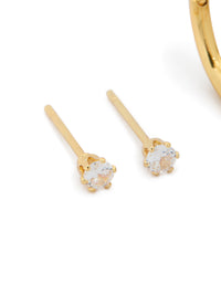 Crafted from waterproof stainless steel, these dainty gold plated cubic zirconia mini earrings in a 2-pack present close up view - link has visual effect only