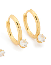 Discover the elegance of dainty waterproof gold plated cubic zirconia stainless steel mini earrings in a 2-pack front view - link has visual effect only