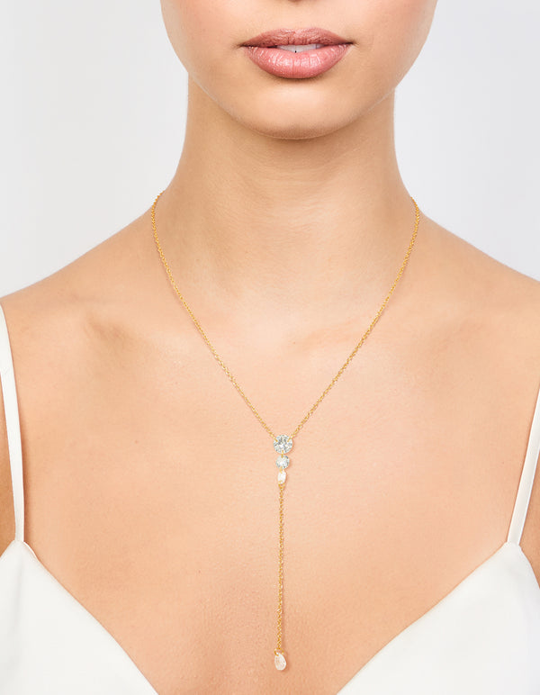 Waterproof Gold Plated Stainless Steel Cubic Zirconia Y-Necklace