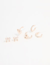 Rose Gold Cubic Zirconia Bow Stud & Hoop Earrings 3-Pack - link has visual effect only