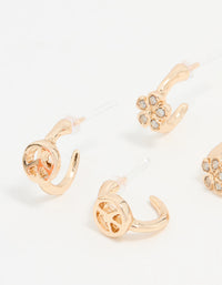 Gold Diamante Flower Mixed Stud Earrings 3-Pack - link has visual effect only
