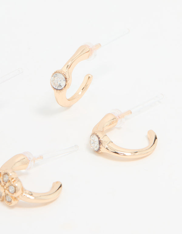 Gold Diamante Flower Mixed Stud Earrings 3-Pack
