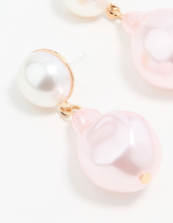 Gold Pink Pearl Drop Earrings