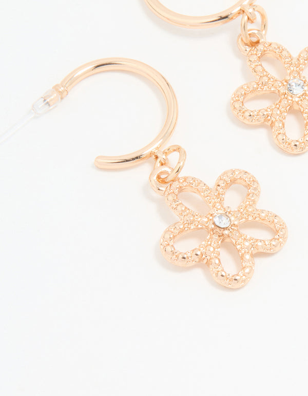 Gold Diamante Floral Drop Hoop Earrings