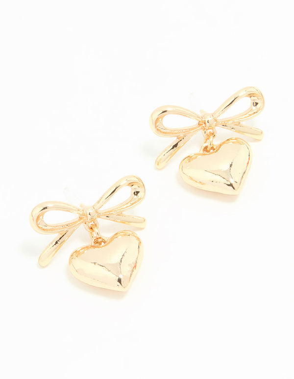 Gold Bow & Heart Stud Earrings