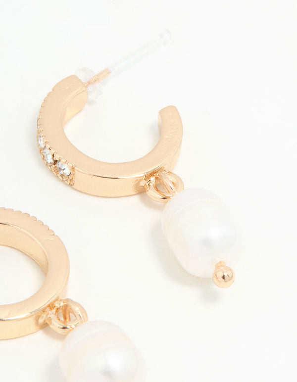 Gold Diamante & Pearl Drop Earrings