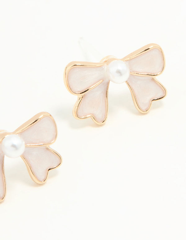 Gold Pearl Bow Mini Stud Earrings