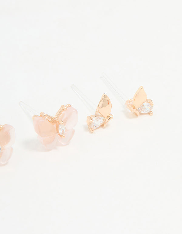 Gold Butterfly Wing Stud Earrings 3-Pack