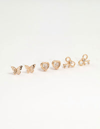 Gold Cubic Zirconia Bow & Heart Stud Earrings 3-Pack - link has visual effect only
