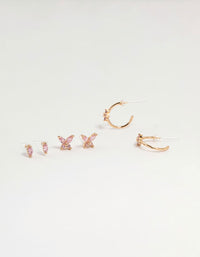 Gold Pink Cubic Zirconia Earrings 3-Pack - link has visual effect only