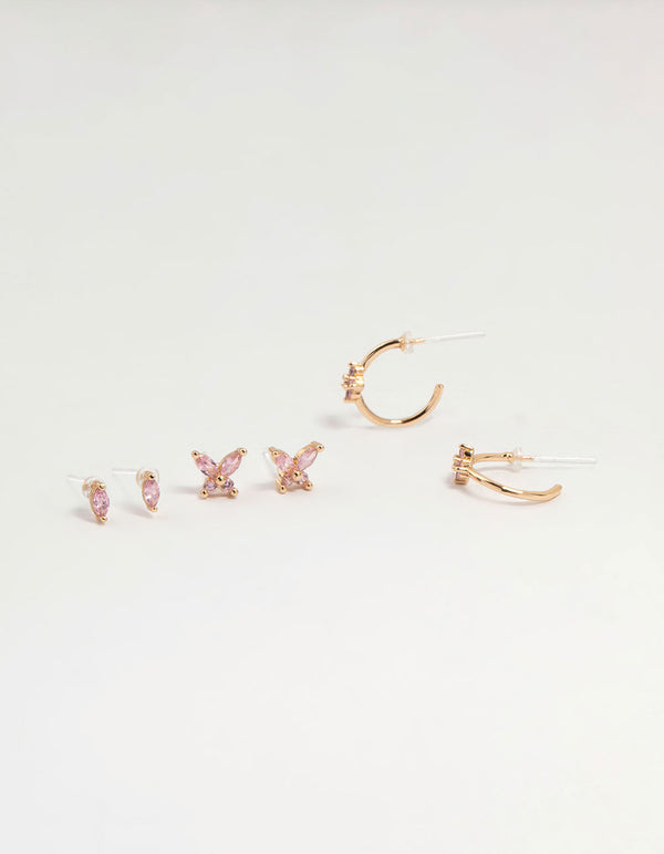 Gold Pink Cubic Zirconia Earrings 3-Pack