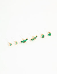 Gold Emerald Cubic Zirconia Stud Earrings 3-Pack - link has visual effect only