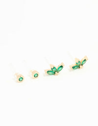 Gold Emerald Cubic Zirconia Stud Earrings 3-Pack - link has visual effect only
