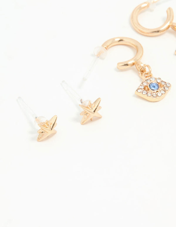 Gold Cubic Zirconia Celestial Earrings 3-Pack