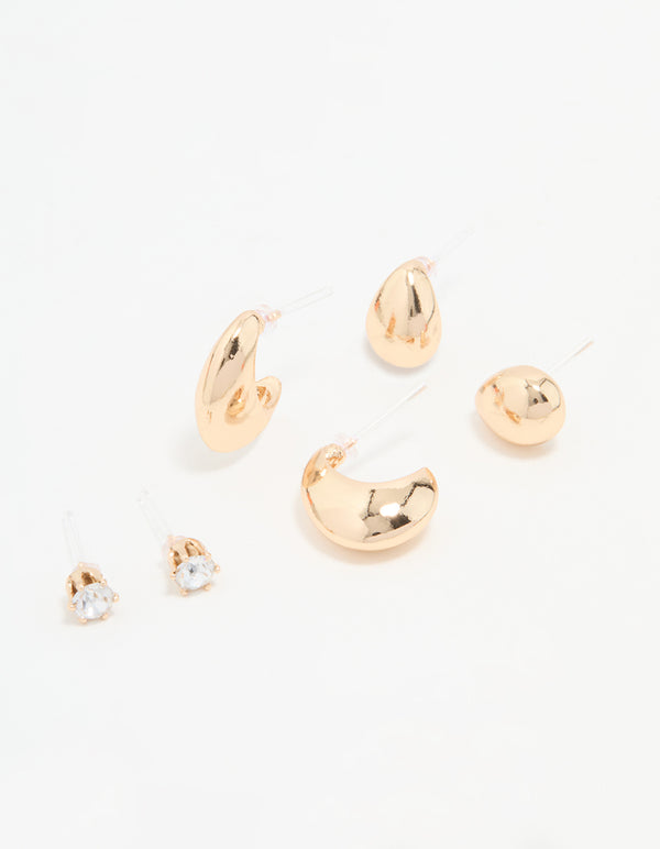 Gold Teardrop Diamante Earrings 3-Pack