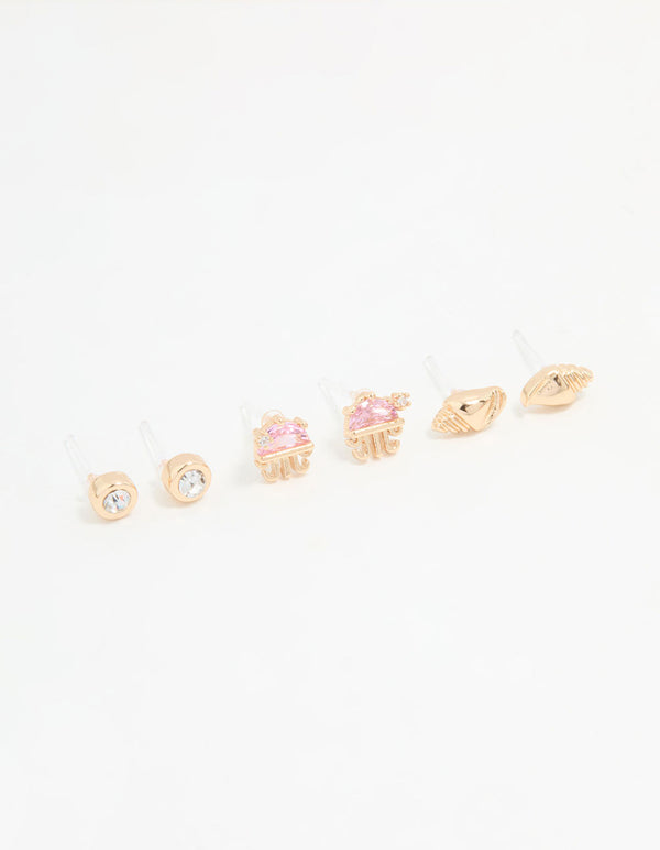 Gold Diamante Jellyfish & Shell Earrings 3-Pack