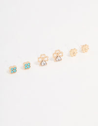 Gold Cubic Zirconia Mini Clover Stud Earrings 3-Pack - link has visual effect only