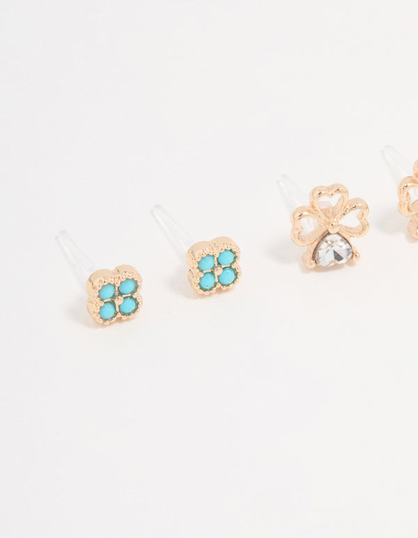 Gold Cubic Zirconia Mini Clover Stud Earrings 3-Pack