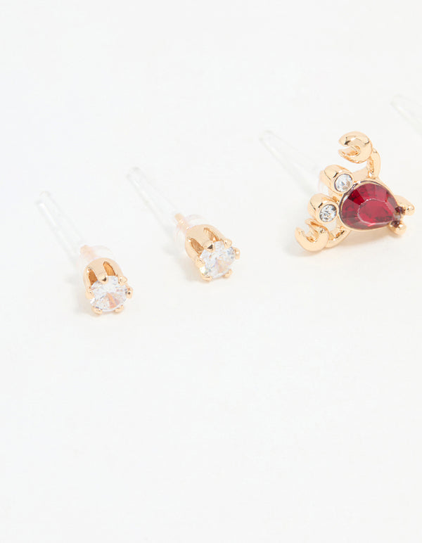 Gold Diamante Lobster & Shell Earrings 3-Pack