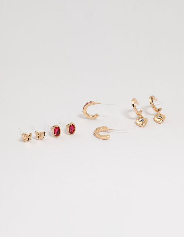 Gold Diamante Heart Mixed Stud Earrings 4-Pack