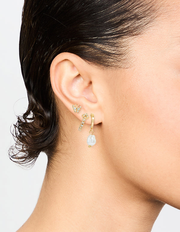 Gold Diamante Pearl Hoop & Stud Earrings 3-Pack
