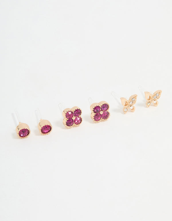 Gold Floral & Butterfly Stud Earrings 3-Pack