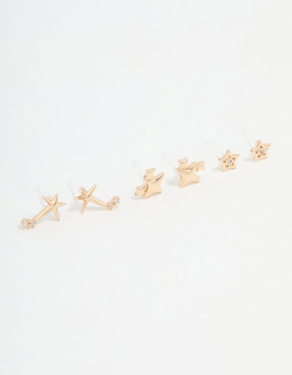 Gold Cubic Zirconia Celestial Stud Earrings 3-Pack