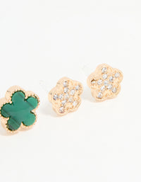 Gold Emerald Clover & Flower Stud Earrings 3-Pack - link has visual effect only